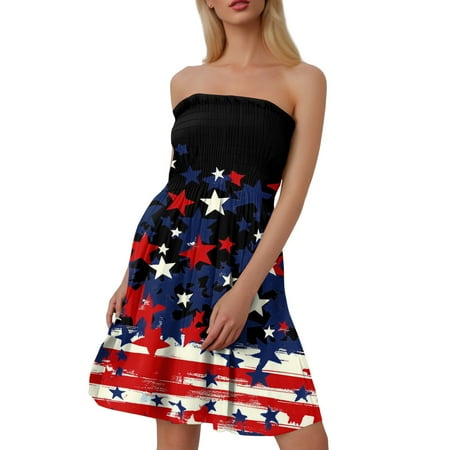 DBAIXID Memorial Day Dress for Women Boat Neck 1776 Patriotic USA American Flag Sleeveless Summer Dresses Red White and Blue Liberty & Legacy Fashion Strapless off Shoulder Dress Vermilion XL
