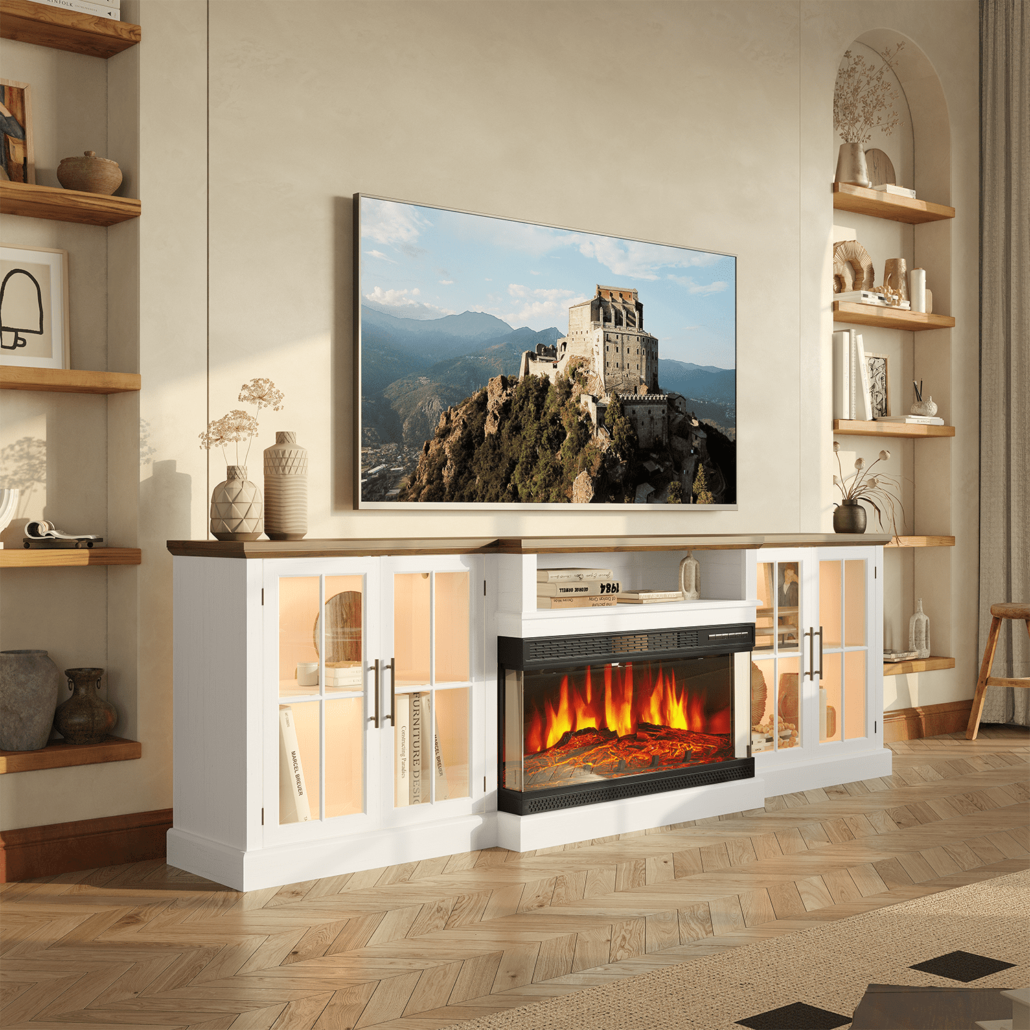 BaPiPro 98" Farmhouse TV Stand with Fireplace for TVs up to 100", Black Fireplace TV Stand Media Entertainment Center with Large Storage Cabinets for Living Room, White