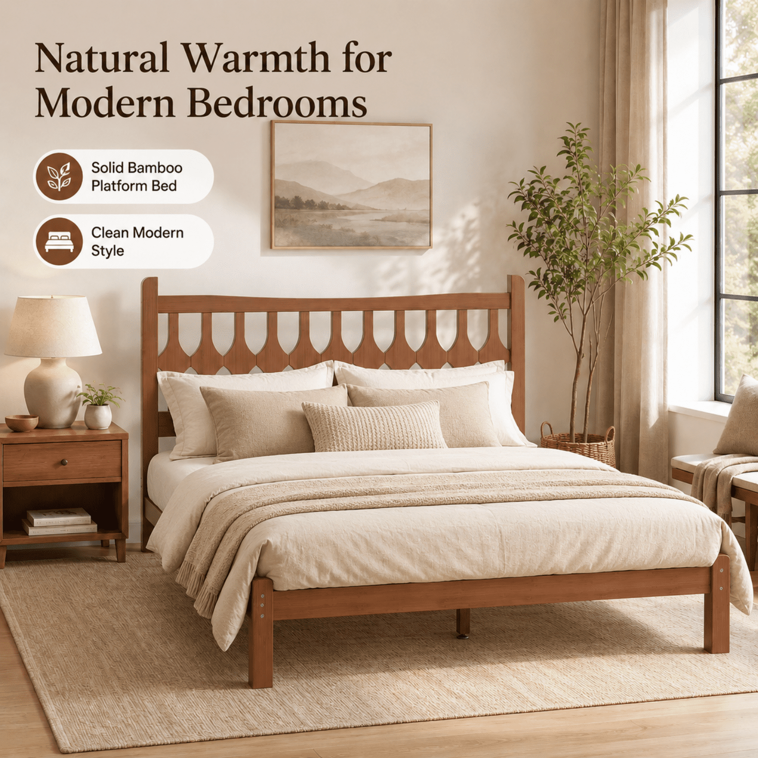 Miniyam Full Size Bamboo Platform Bed Frame with Geometric Headboard, Brown