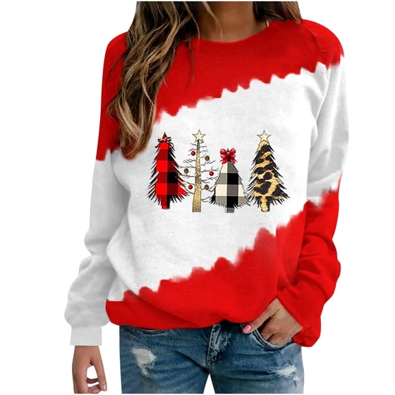 BUIgtTklOP Women's Christmas Printed Round Neck Long Sleeved Pullover Sweatershirt