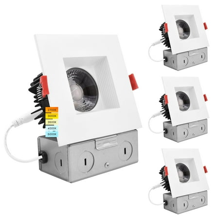 

Luxrite 4 inch Square LED Recessed Light J-Box 15W 5 Color Selectable Dimmable Wet Rated IC Rated Baffle Trim 4-Pack