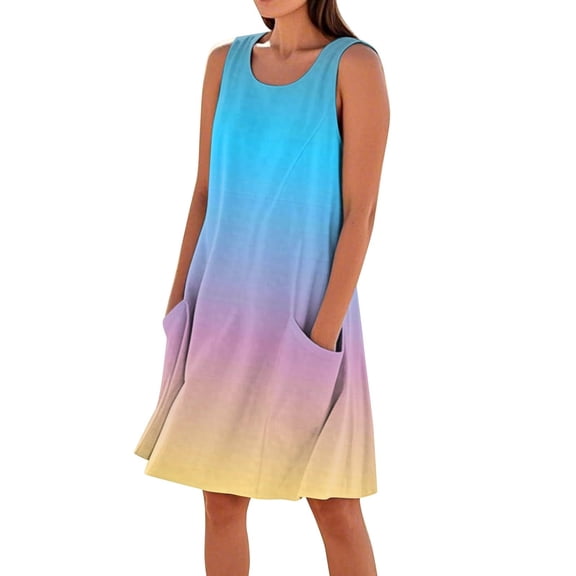 biudgviw Sundresses for Women Gradient Print Sleeveless Swing Tshirt Dress Trendy Casual Crew Neck Summer Tank Dress with Pockets