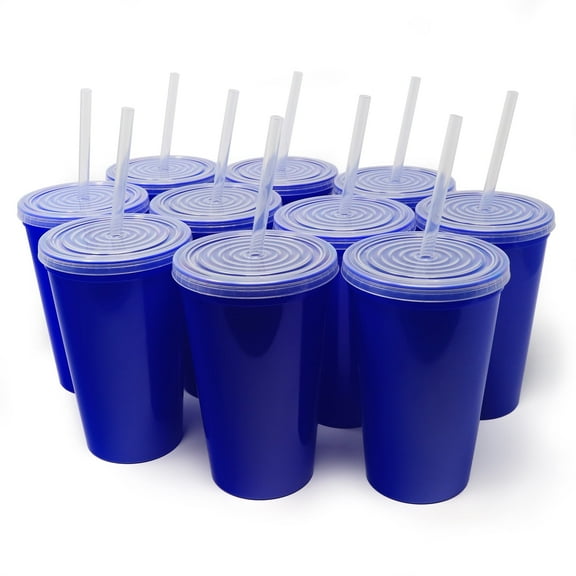Rolling Sands 22 oz Reusable Plastic Cups with Lids, 10 Pack, USA Made Blue Tumblers; Includes 10 Reusable Straws; Dishwasher Safe
