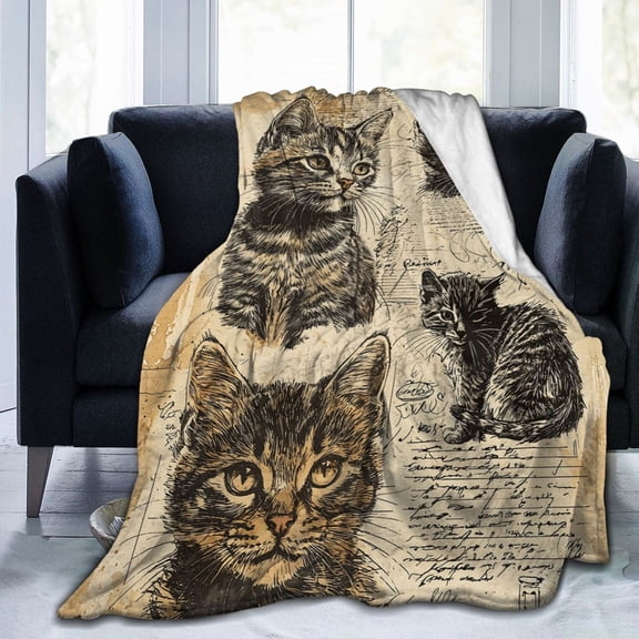 Vintage Cat Throw Blanket Ultra Soft Cozy Decorative Flannel Blankets for Home Bed Couch Chair Travel 50x40