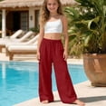 thumbnail image 2 of 2026 New Girls Linen Pants Wide Leg School Uniform Pants Cozy Elastic Waist Summer Casual Beach Lounge Trousers with Pockets, 2 of 4