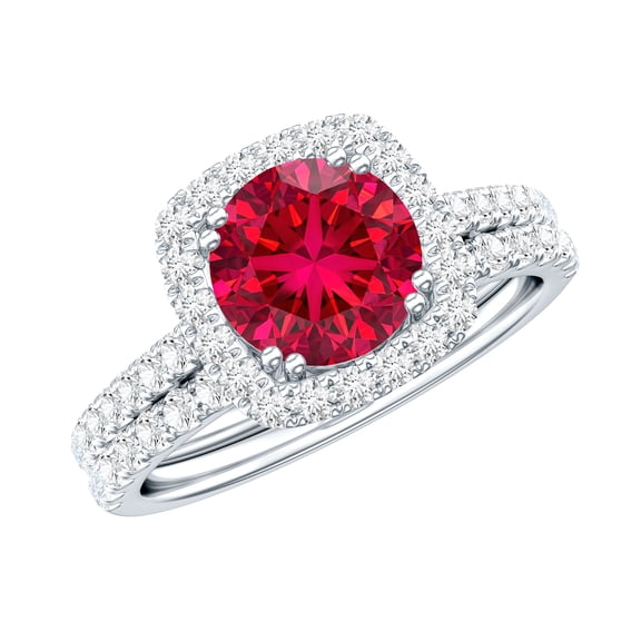 Rosec Jewels Certified Lab Grown Ruby Bridal Ring Set for Women - Ruby Engagement Ring with Wedding Band - AAAA Quality, 925 Sterling Silver, US 4.00