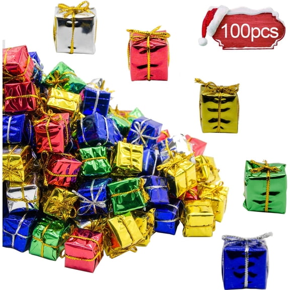 Ebaokuup 100 Pcs Christmas Shiny Mini Boxes Ornaments, Assorted Colors Metallic Foil Wrapped Ornaments Decoration Boxes for Christmas Tree Hanging Decorations