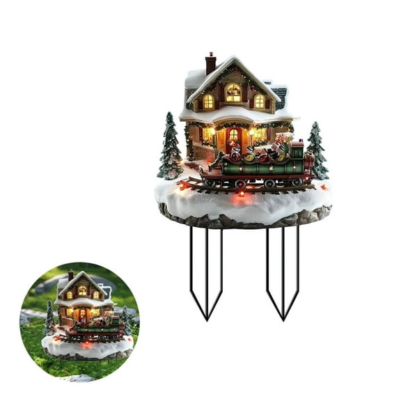 Christmas Train House Santa Claus Acrylic Ground Stake, Winter Themed Lawn Decor For Garden Plant Pot, Festive Outdoor Art, 1 Piece