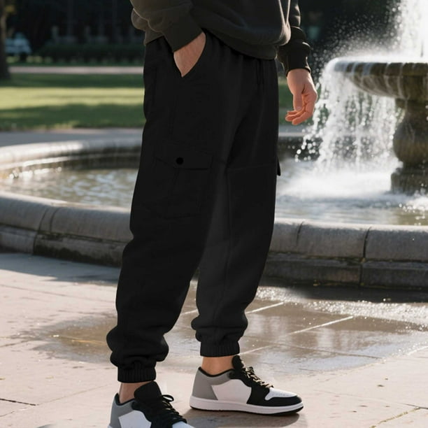 Pantalones largos para hombre, estilo casual, a la moda, con cordón en la cintura y múltiples bolsillos, elásticos, para sujetar los pies, de rayón.