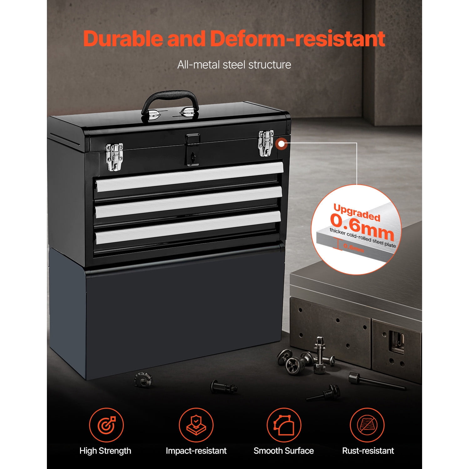 Durable 20.5-Inch Portable Metal Tool Box in Black with 3 Drawers Organizer
