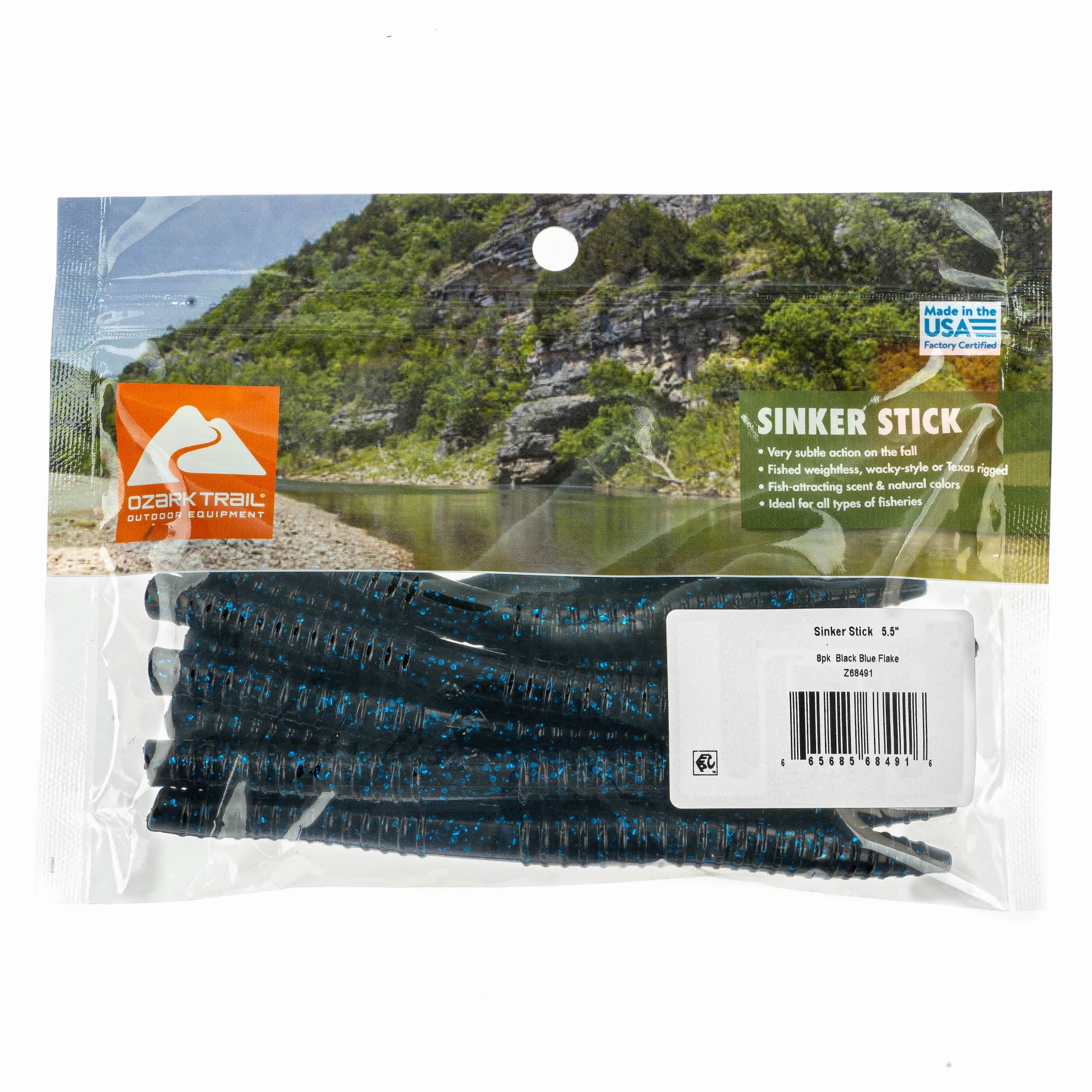 (2 pack) Ozark Trail Sinker Stick 5.5", Black Blue Flake, 8 pieces Fishing Soft Baits