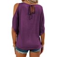 thumbnail image 4 of Crew Neck Women Solid Color Casual Cold Shoulder Tops Off Shoulder Summer T-shirt, 4 of 5