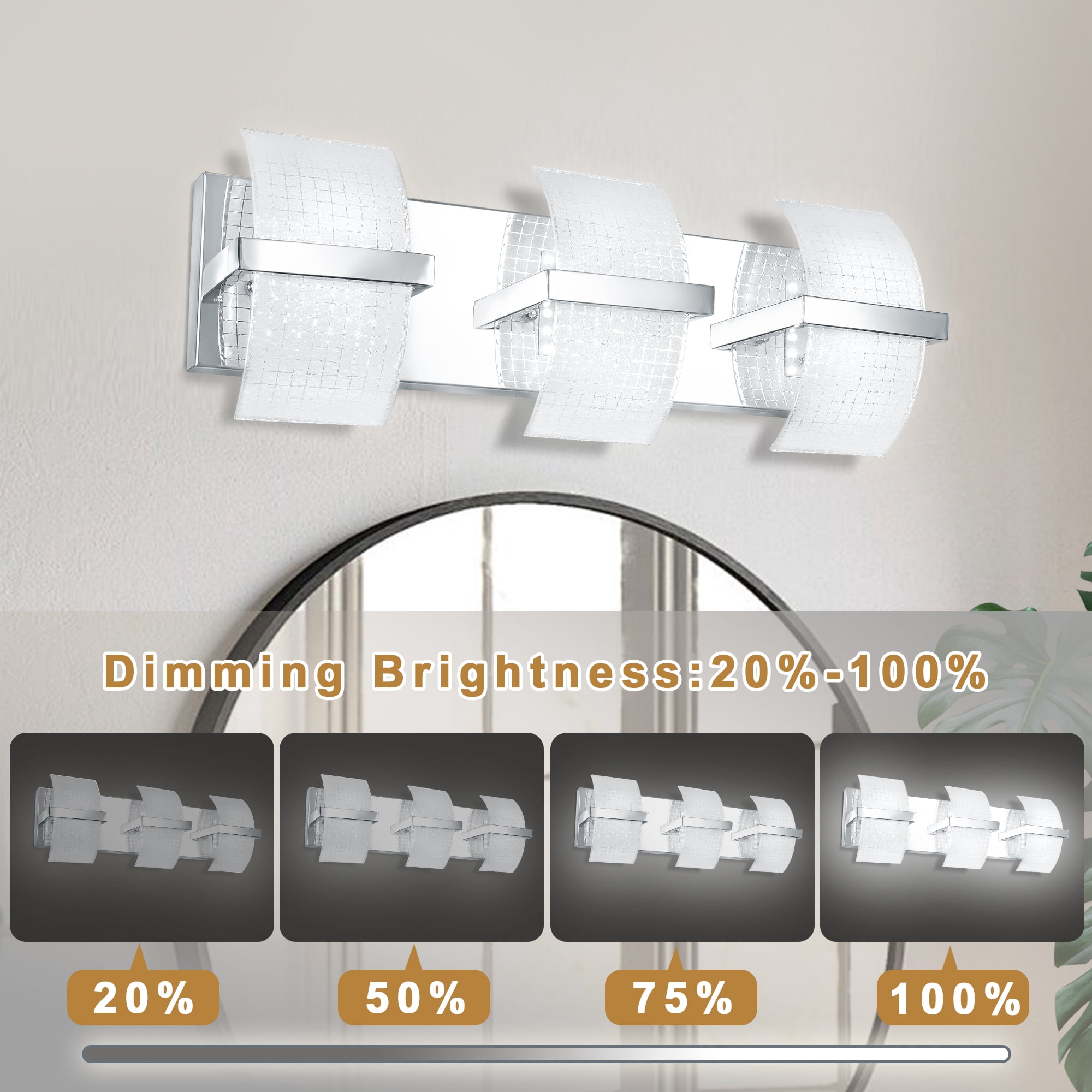 Uznhty LED Bathroom Light Fixtures over Mirror,Dimmable Vanity Lights for Bathroom Wall Light Fixtures with Thicken Ripple Glass Shade 3000K/4000K/5000K 3-Light Chrome