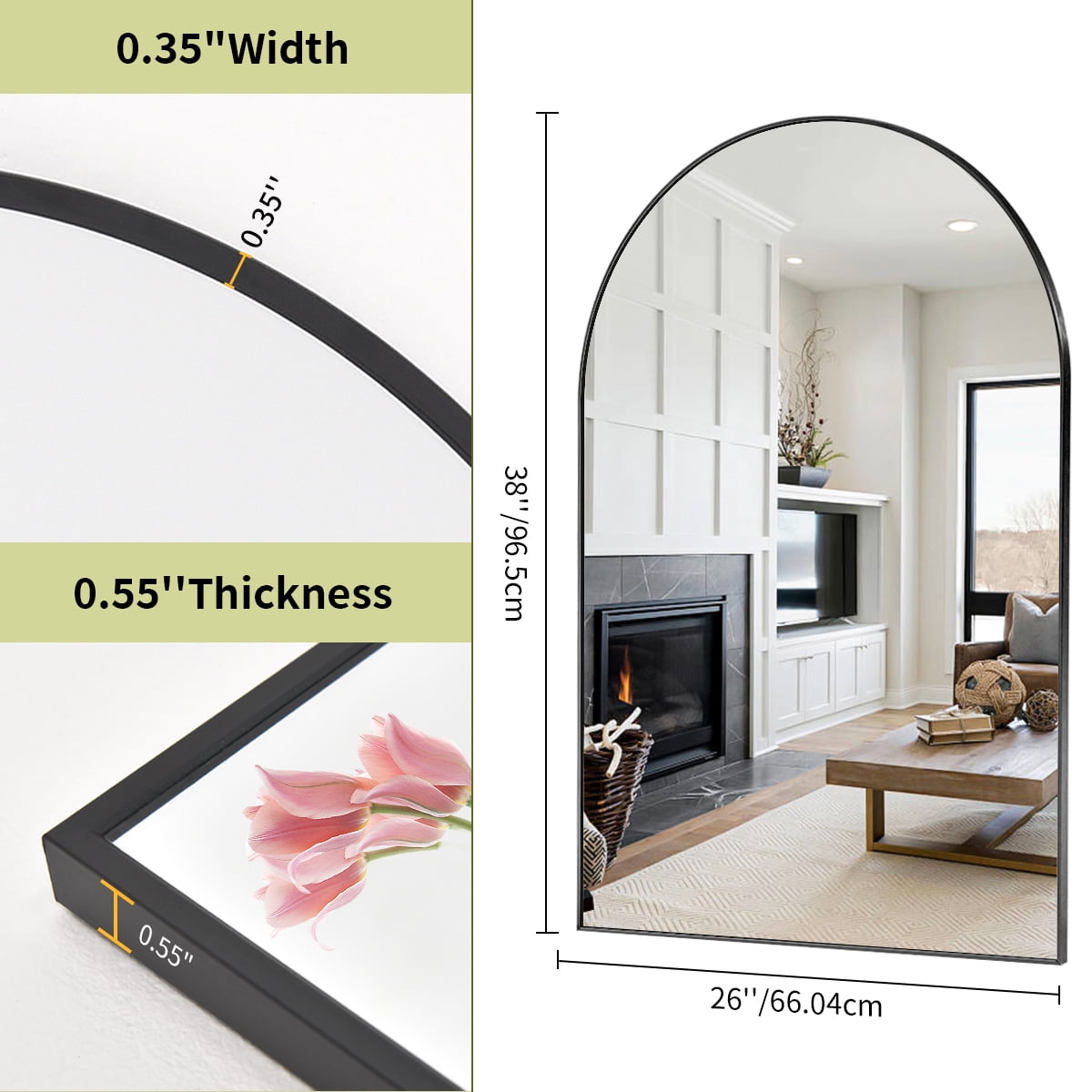 Gleamira 26"x38" Arched Bathroom Mirror Wall Mounted Mirror with Metal Frame, Black