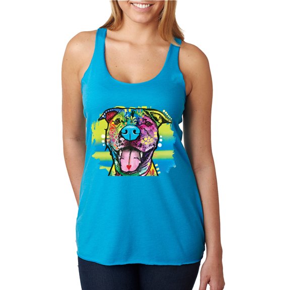 Cute Happy Smiling Dog Dean Russo Rainbow Pitbull | Womens Dog Lover Premium Tri-Blend Racerback Tank Top, Vintage Turquoise, Small