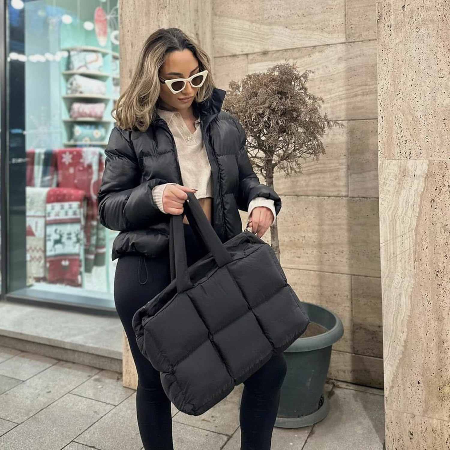 JennyShop Large Capacity Fashion Quilted Puffy Handbag, Herald Puffer Tote Bag for Women, Lightweight Satchel Purse for Working Travelling Gym Shopping