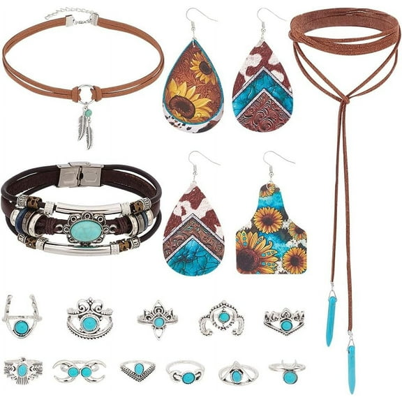 18pcs Western Jewelry Turquoise Jewelry Set Stackable Cowhide Bangle Bracelets 11pcs Alloy Boho Turquoise Rings Feather Pendant Adjustable Necklace for Women Gift