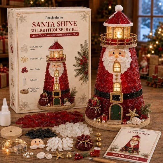 Dewshine NEW DIY Lighted Christmas Character Sea Glass-Style Lighthouse Kit Collection, Christmas DIY Lighthouse Kit with Pieces, 3D Handmade Craft Kit, Holiday Home Decor