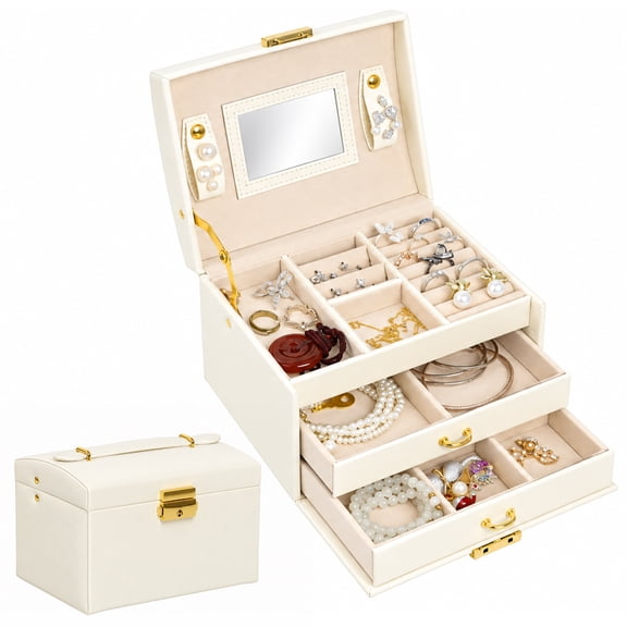 Yalumo 3-Layer Jewelry Box for Women, Jewelry Organizer with Mirror and Lock, PU Leather Jewelry Storage Case with Drawer for Ring Necklace Earrings, Gift for Her