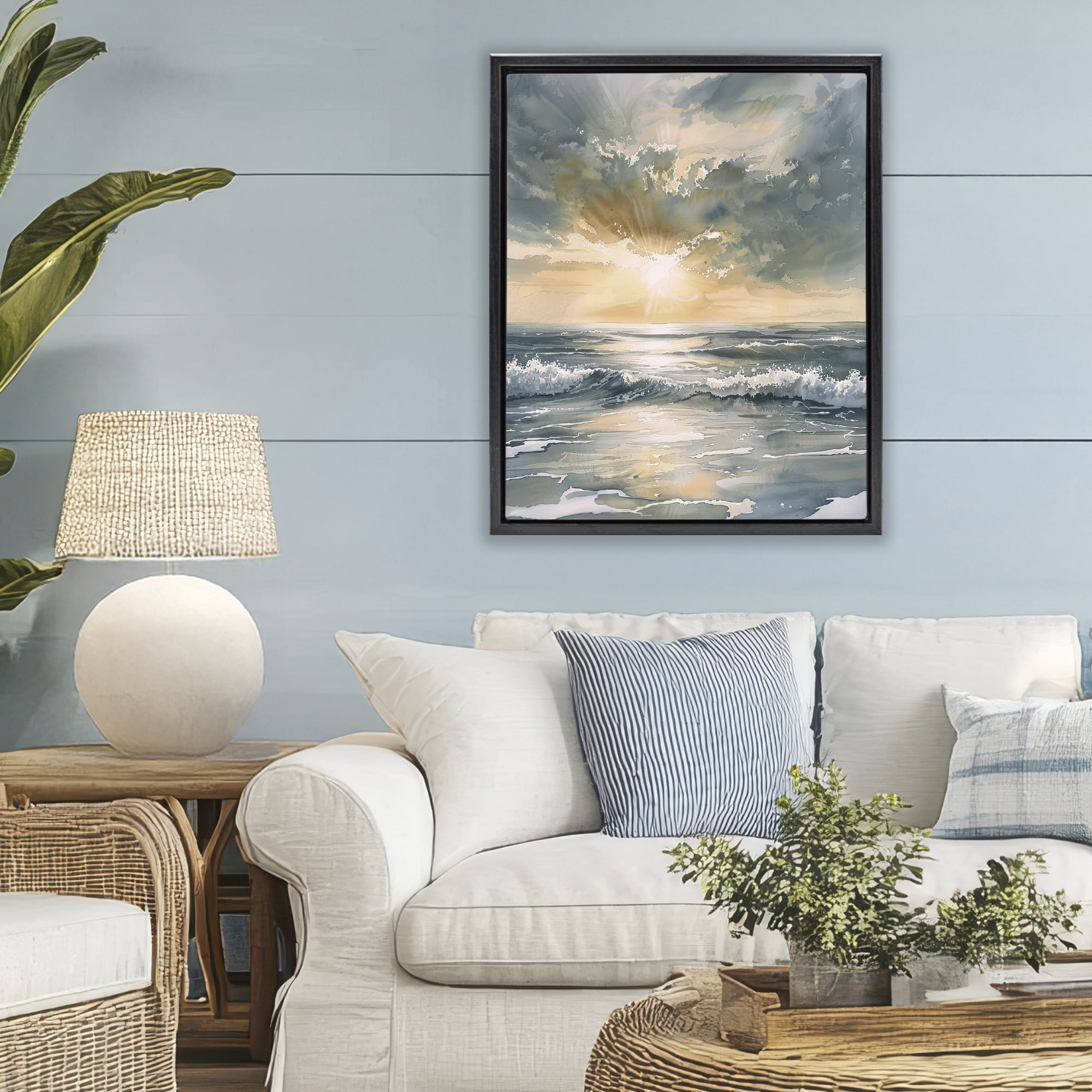 Stupell Industries Sunlit Waves Golden Reflection Black Framed Floater Canvas Wall Art, design by Petal Prints Design