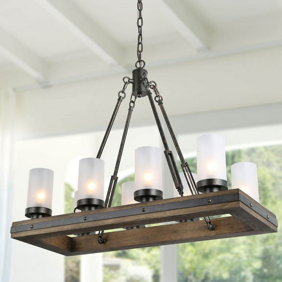 LNC 8-Light Distressed Wood and Black Linear Chandelier with Frosted Glass