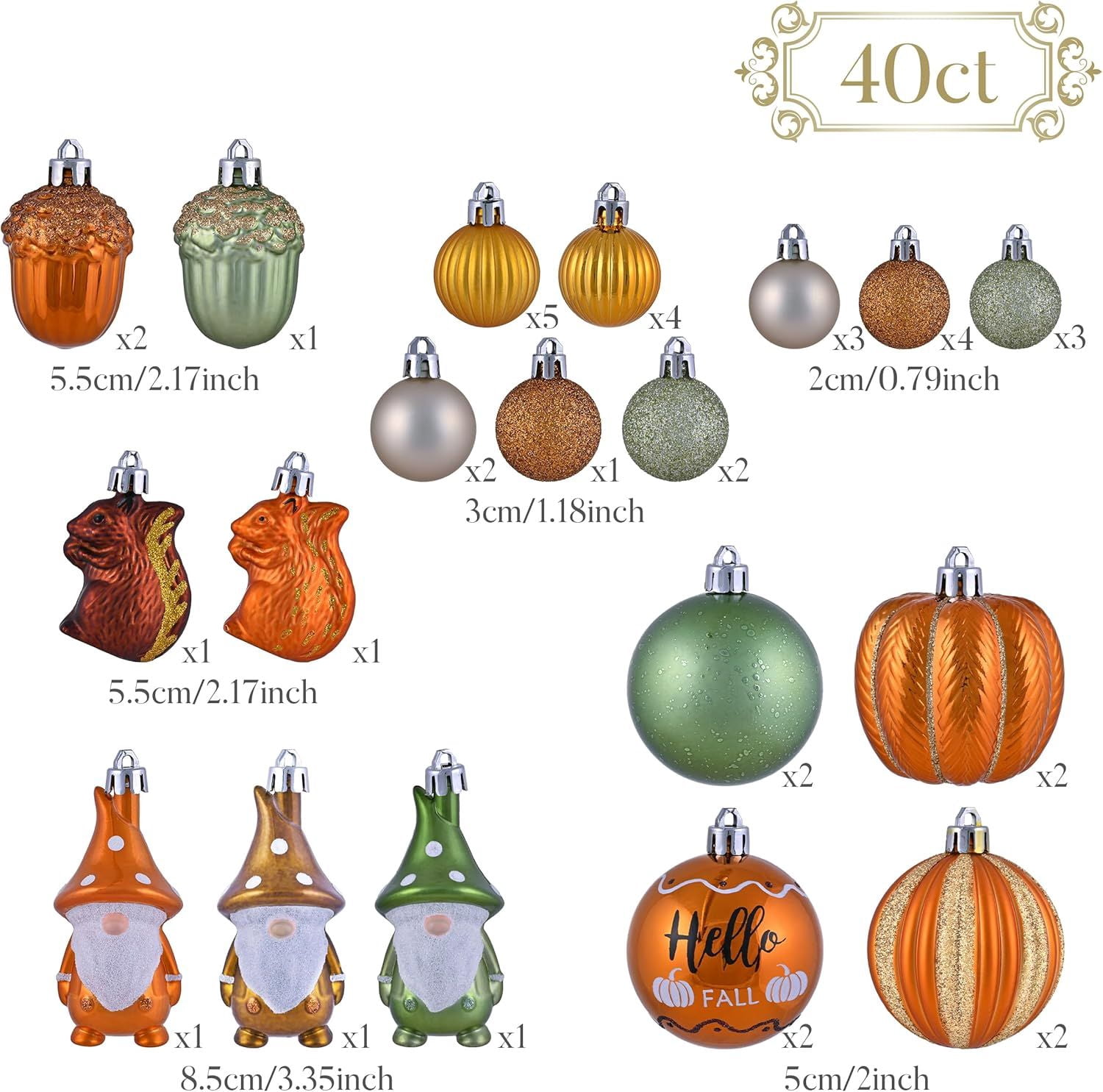 Autumn Christmas Tree Ornaments Set Hello Fall with Acorns Squirrels Pumpkins