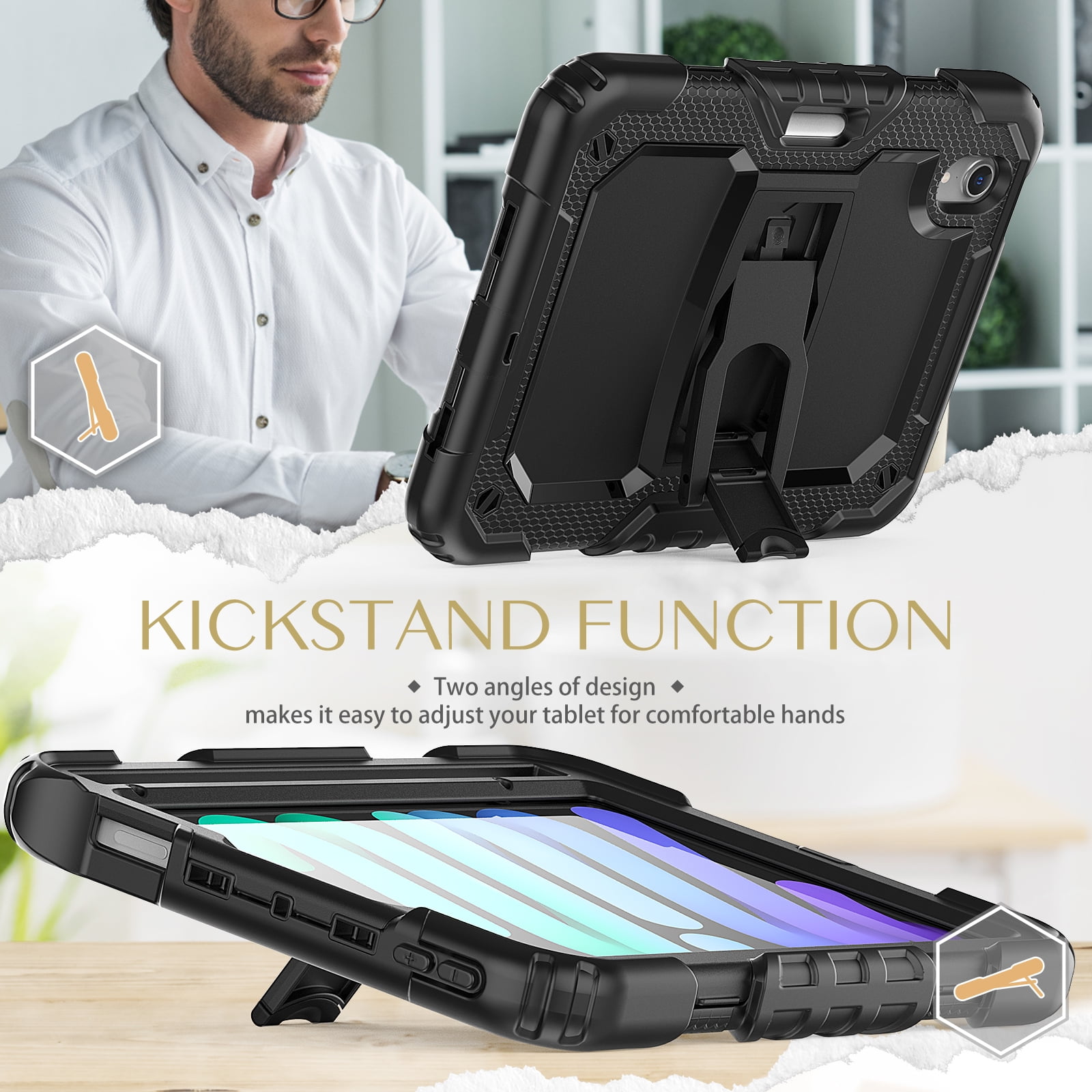 for iPad mini 6th Gen 8.3" 2021 Case with PET Screen Protector + Pencil Holder + Stand + Shoulder Strap | Heavy Duty Protection 3 Layer Silicone PC Case for iPad mini 6th Generation | Black