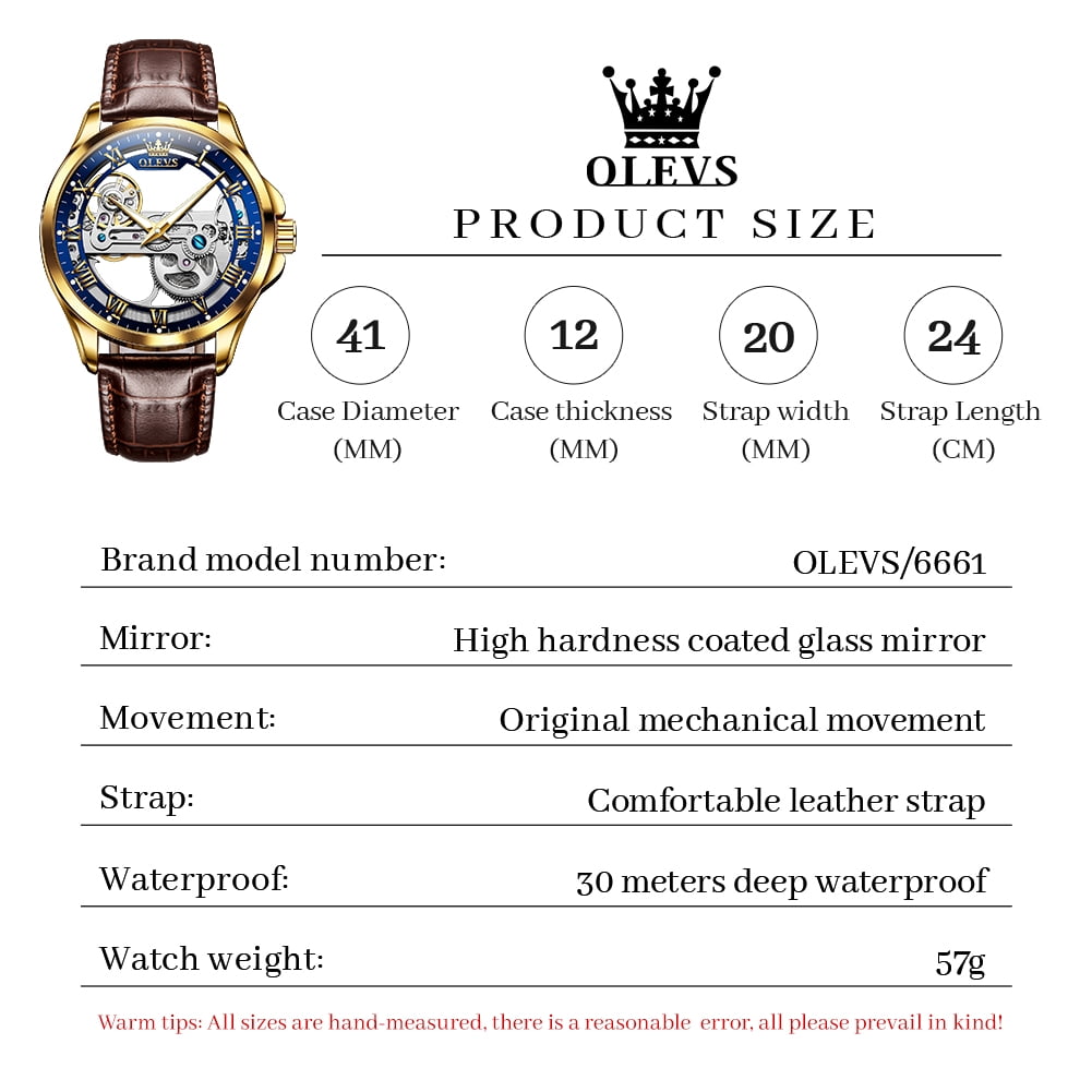 OLEVS Automatic Watches for Men Skeleton Brown Leather Band Large Face Self Winding Mechanical Mens Dress Watches Waterproof Easy to Read Luminous Business Casual Mens Wrist Watches Reloj Para Hombre