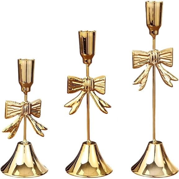 Candlestick Holders,3Pcs Gold Taper Candle Stick Holder, Gold Candles Sticks Holder Decor with Bow, Wedding Centerpieces, Birthday Party, Holiday Dinning Table Décor(3pcs - LI - Gold)