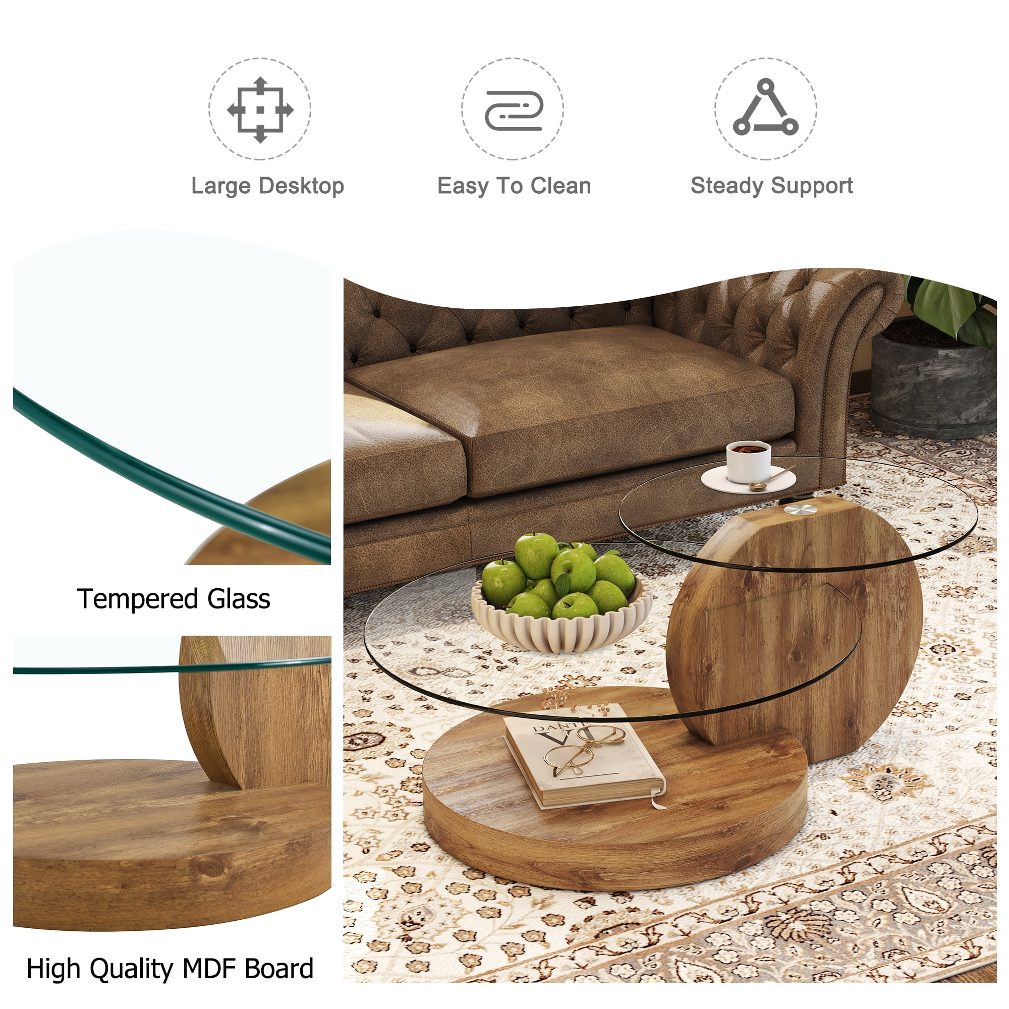 Vanress 42" Glass Coffee Table, Round Coffee Table, Modern Double Layer Round Glass Coffee Table for Living Room, Wood