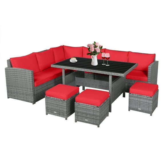 Patiojoy Outdoor Wicker Coversation Set, 7 Piece, with Red Cushions