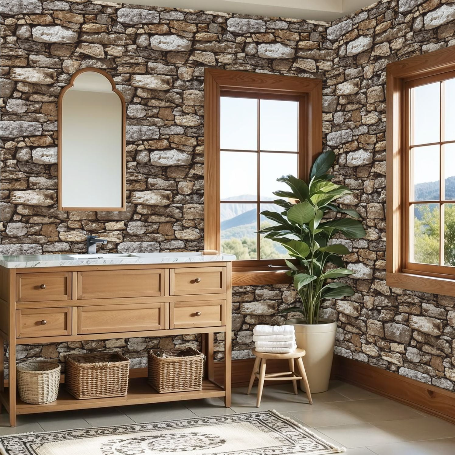 Boho Peel and Stick Wallpaper Natural Stone Wall Texture Neutral Earth Tones Contact Paper 23.6in x 9.8ft Wallpaper Removable Self Adhesive Wall Paper for Bedroom Nursery