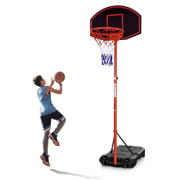 Costway Height-Adjustable Basket Hoop, Portable Backboard System Stand with 2 Wheels, Fillable Base, Weather-Resistant Nylon Net