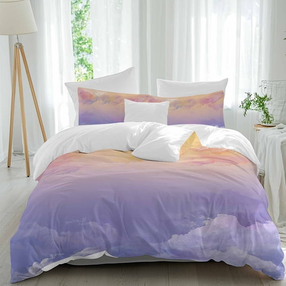 3 Piece Cloud in the Sky Sunset Duvet Cover Set Queen Size, Microfiber Comforter/Quilt Cover with Corner Ties and 2 Pillowcases, Mountain Nature All Season Soft Bedding with Zipper Closure