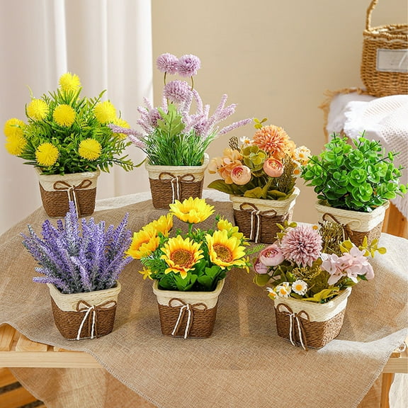 Faux Flowers Clearance, Rural Scener Style Artificial Flower Potted Desktop Ornaments Sunflower Rose Plastic Flower Eucalyptu Leaf Fake Green Plant Table Decoration Ornaments