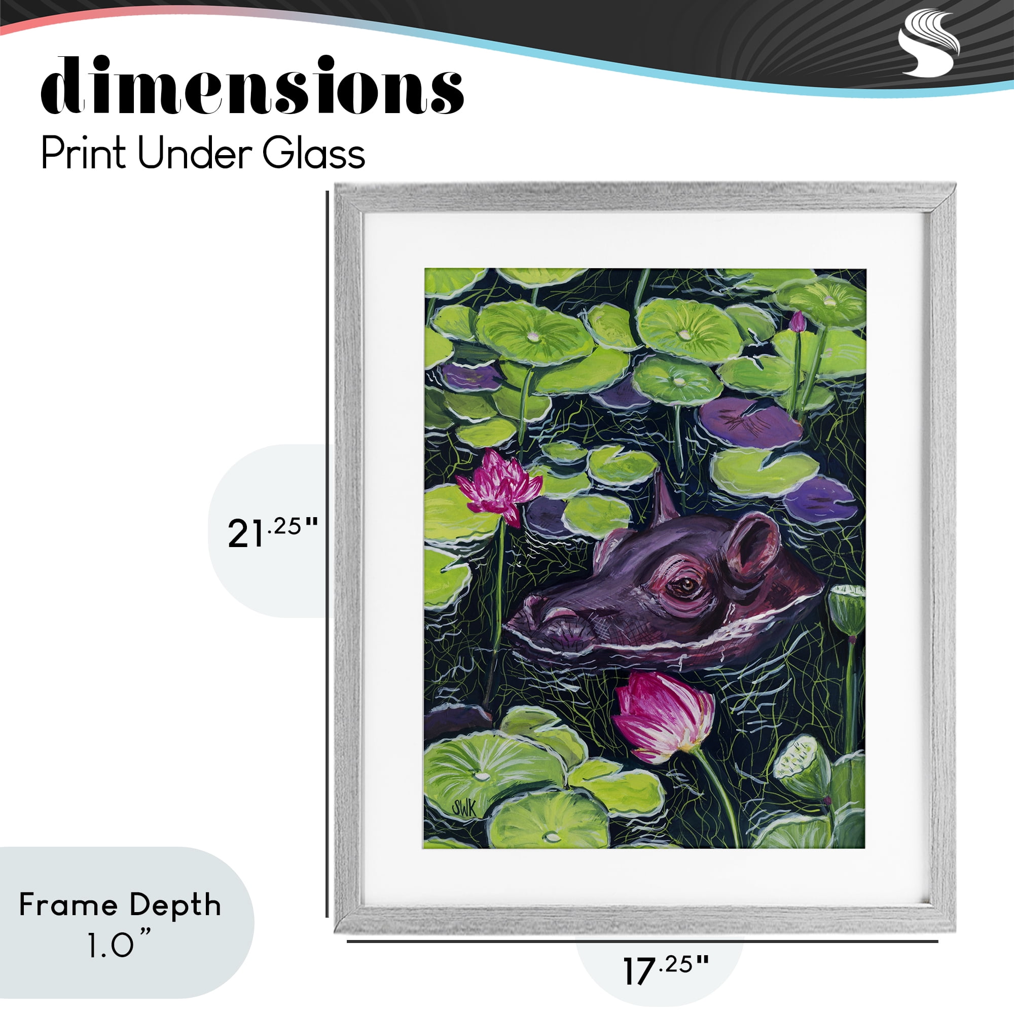 Stupell Industries Hippo & Blossoms Pond Gray Framed Print Under Glass, design by Sarah Waldron Kimball