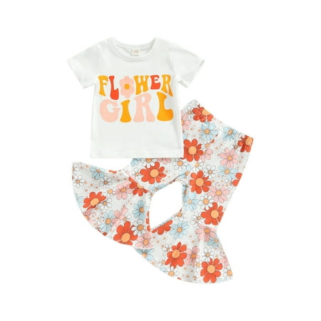 

Qtinghua Toddler Baby Girl Short Sleeve Floral Shirt Top Bell Bottom Pants 2PCS Summer Clothes Orange 6-12 Months