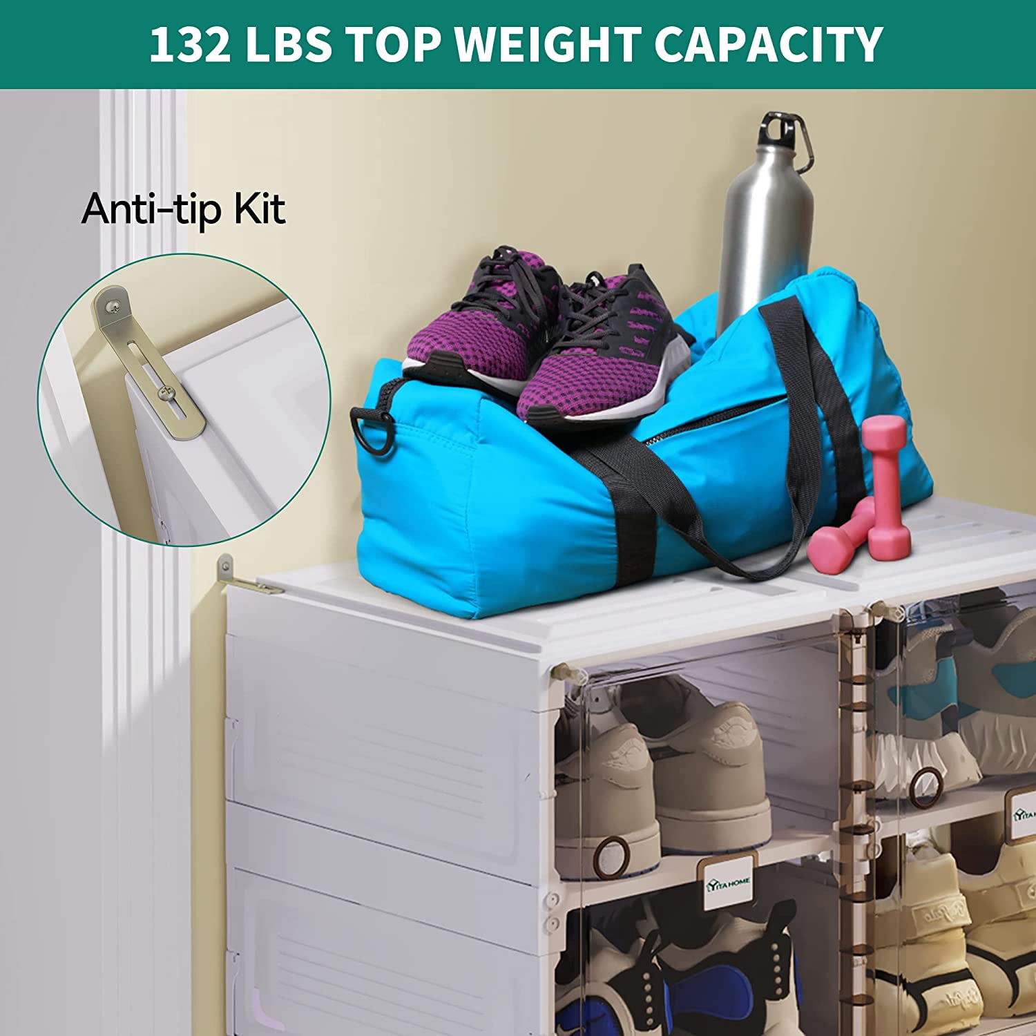YITAHOME Shoe Storage Organizer, Installation-Free Shoe Box with Transparent Doors, 2-16 Grid Stackable Shoe Cabinet for Hallway, Living Room, Closet (White)