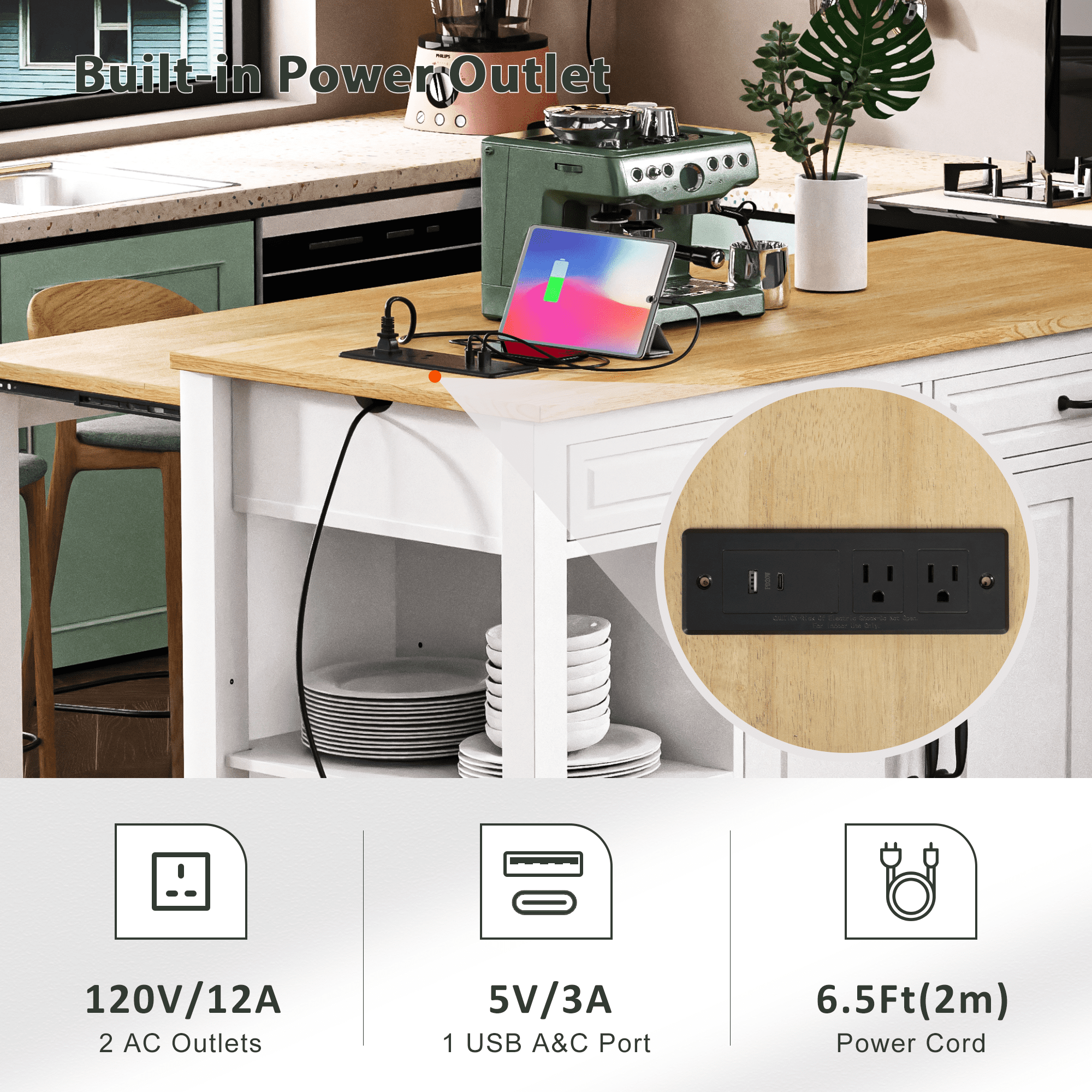 Homy Casa Kitchen Serving Cart with Extendable Table, Drawers, Power Outlet, for Dining Room, White