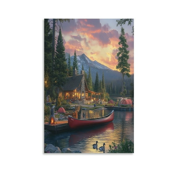 Canvas Print Beautiful Lakehouse in The Mountains with A Red Canoe Canvas Wall Art Cabin Life Wall Art for Bathroom 12x18inch Hanging in Office Dining Room Kitchen Living Room Bedroom
