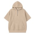 thumbnail image 2 of Boys Short Sleeve Hooded Sweatshirt,Waffle Knit Casual Pullover with Quarter Zip, Lightweight Hoodie for Spring Summer,Youth Kids Tops(Khaki,9_10 Years), 2 of 4