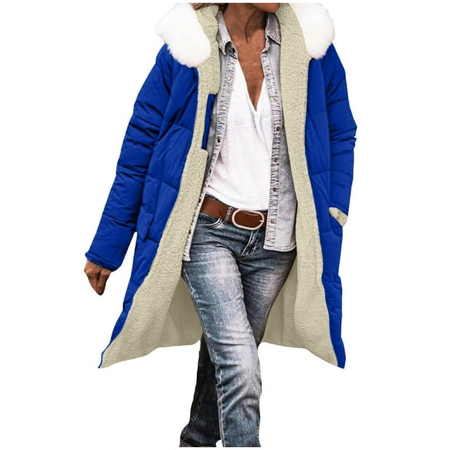 yardsong Parka à Capuchon Réversible pour Femmes en Molleton Matelassé Chaud - Longue Doublure Sherpa Bleu,P
