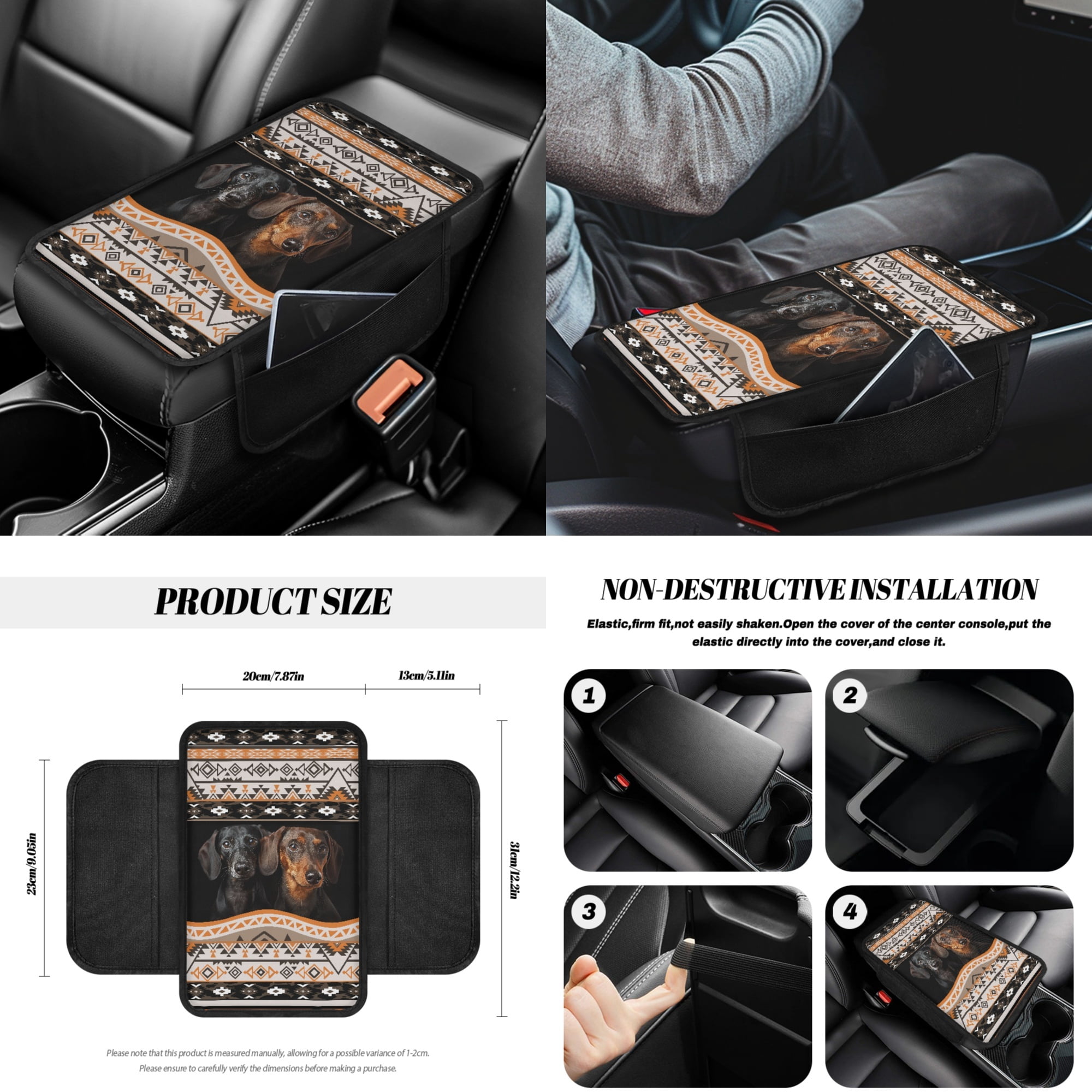 Jeiento Aztec Car Seat Cover Full Sets Steering Wheel Cover Car Trash Bin Seat Belt Pad Coasters Armrest Cover Handbrake Cover Dachshund Rearview Mirror Cover, Pack of 14 Auto Accessory
