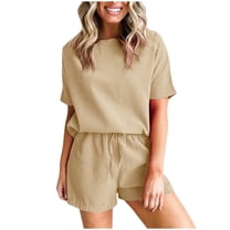 Scyoekwg Womens Sets Clothes Womens 2 Piece Outfits Summer Solid Color Loose Short Sleeve V-Neck Top Shorts Casual Sets (Khaki,XL)