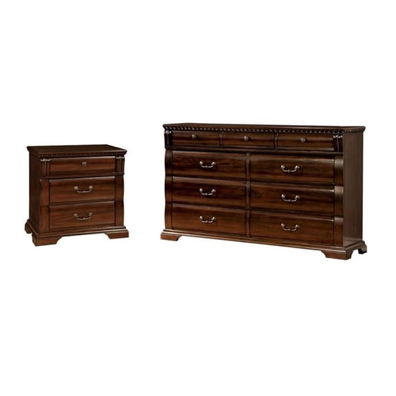 Home Square Set of 2 Wood 3-Drawer Nightstand and 9-Drawer Dresser in Cherry