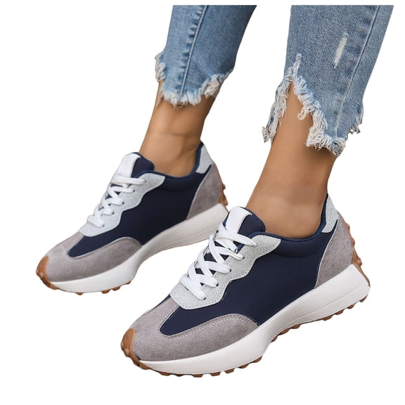 Women's Retro Slip On Sneakers Lightweight Non Slip Tennis Shoes Slip On Wide Toe Box Lace Up Dress Shoe Blue Size 8.5