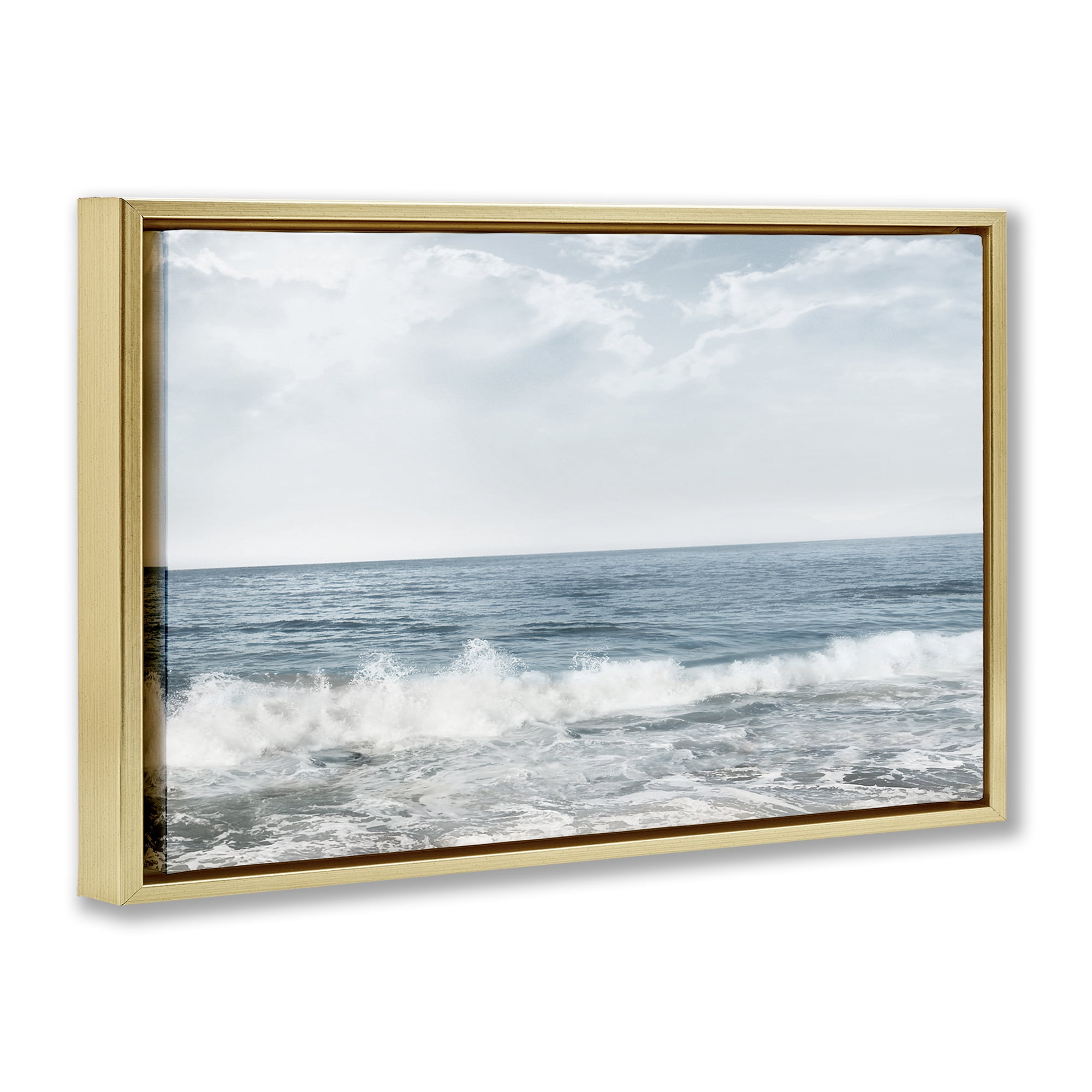 Stupell Industries Splashing Waves Beach Landscape Photography Gold Floater Framed Canvas Art Print Wall Art, 25 x 17