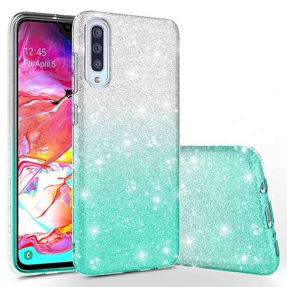Samsung Galaxy A70 Case, KAESAR Cute Fashinon Slim Luxury Shinning Sparkle Bling Glitter Protective Cover for Samsung Galaxy A70 (Silver / Teal)