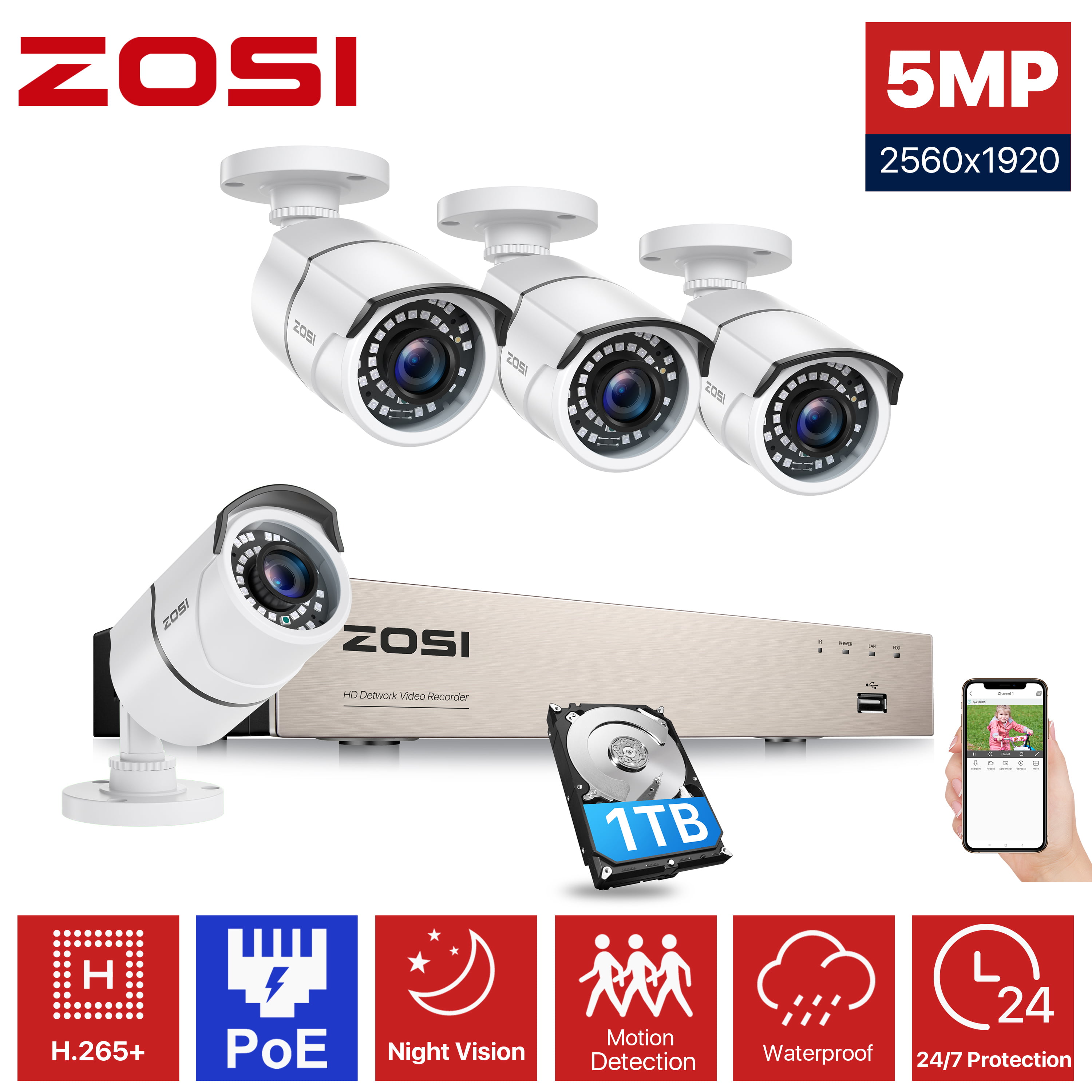 1TB Hard Drive Built-in ZOSI 1080p H.265 PoE Security Camera Systems Outdoor Indoor 5MP 8 Channel PoE NVR Recorder and 4 x 2MP Surveillance CCTV Bullet Dome IP Cameras with Long Night Vision 