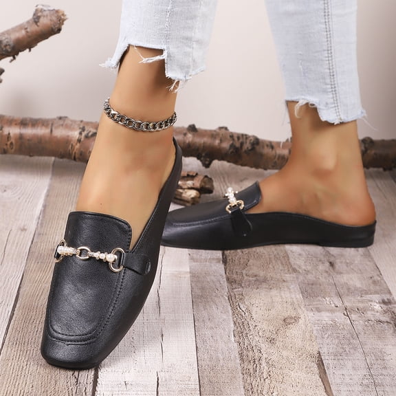 CHWshoes Design Mules for Women, Almond Toe Slip-On Flats, Backless Loafers with Matal Buckle, Comfort Casual & Dressy Shoes Black Size 36